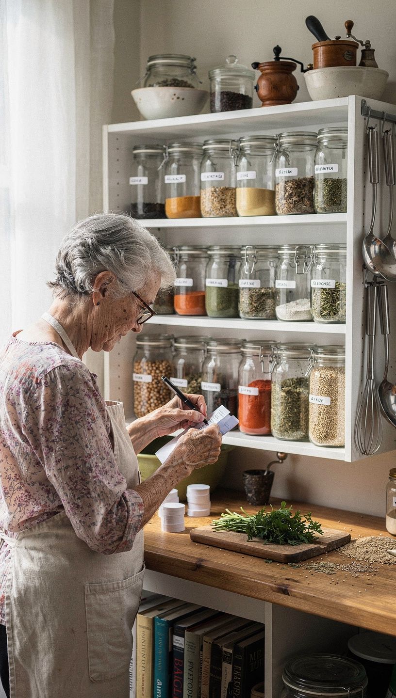 整理されたキッチンの棚に並ぶ食器と調理器具